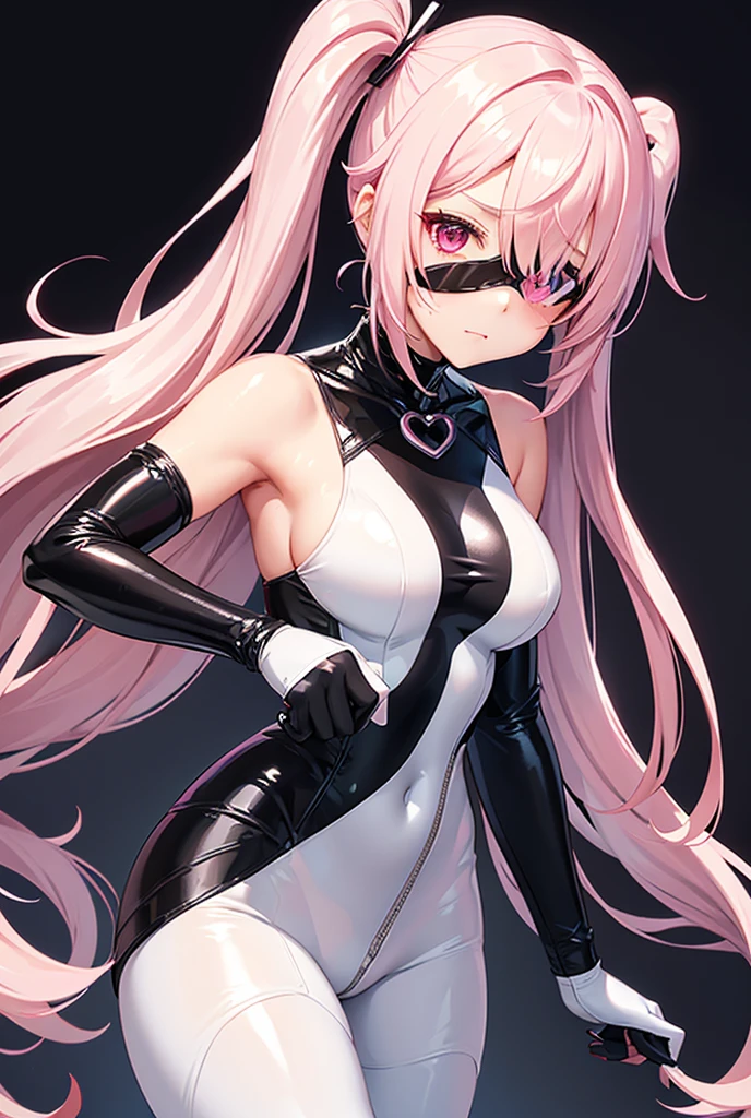 A beautiful girl wearing a shiny white sleeveless rubber suit that fits snugly up to the neck（20th Generation）She has a heart-shaped eyepatch, long hair in a side ponytail, and her hair is a soft pink. She also wears long rubber gloves that are black in color.