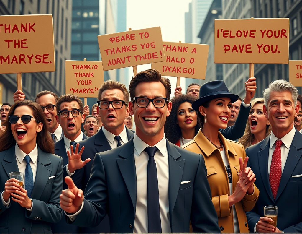 Créer moi plusieurs personnage du film le loup de wall street avec une pancarte "Merci Maryse" "Merci pour nos investissements" etc