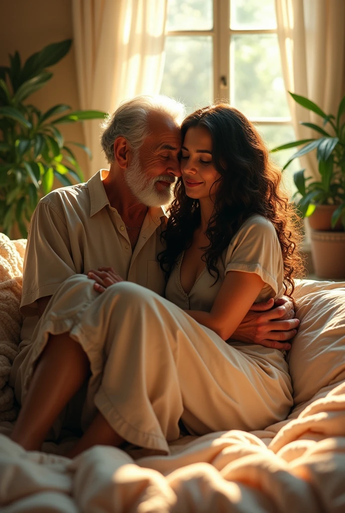A nude old man hugging beautiful Indian actress woman, sitting on bed, wearing blouse top, pajama pants, long curly hair, indoors, soft lighting, plants in background, window with sunlight, cozy room, relaxed pose, realistic, intricate details, warm colors, by Greg Rutkowski, by Alphonse Mucha