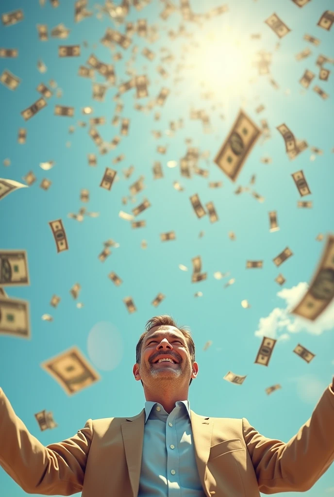 A handsome 40-year-old man smiles happily, looks up, and spreads his arms, waiting to receive money, which is falling from the sky in large amounts during the day.