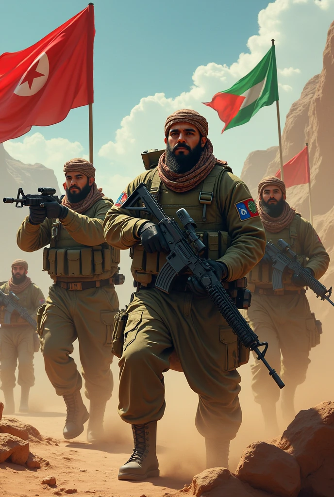 generate a image of houthis with their weoponry flags and power to combat israel. make it as a attractive youtube thumb nail