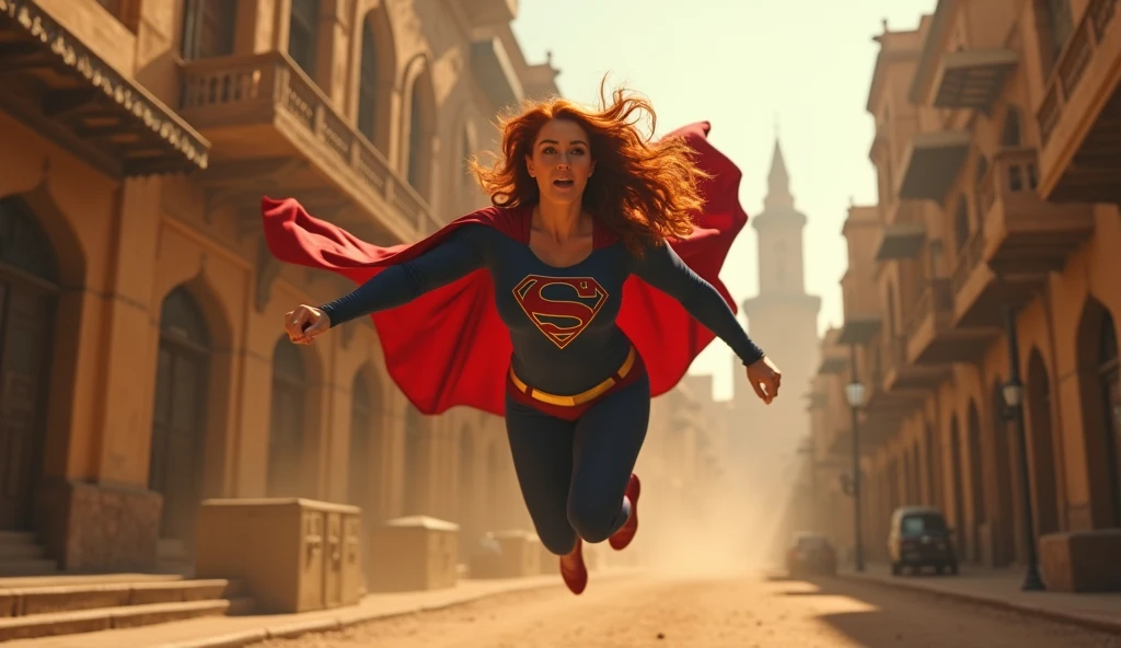 Cairo Street; strong very old strong, beautiful and charming Julie Hagerty(((Red hair))) Supergirl 2024(superhero transformation; running to save the world, carrying a lion) 2007 (((Mulher corpo definido seios grandes, fortes e firmes; vestido fantasia de Superman 1980))) como Supergirl(((Filme da Supergirl de 1984s de Julie Hagerty))); flutuando no ar.