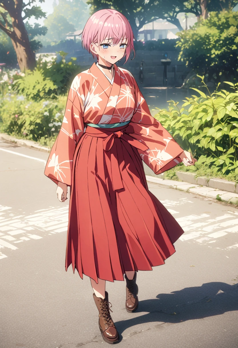 (Highest quality, 4K, 8k, High resolution, masterpiece:1.2), Very detailed, Picturesque, Animated Photography, Photo Animation:1.37)、Japanese schoolgirl、(Pink Hair)、(short hair)、stnding、meiji schoolgirl uniform, hakama, hakama skirt, japanese clothes, kimono, cross-laced footwear, lace-up boots, Check pattern、black choker、Ecstasy face、Sweat、Are crying、vapour、trembling、Full body photography、Nakano ichika
