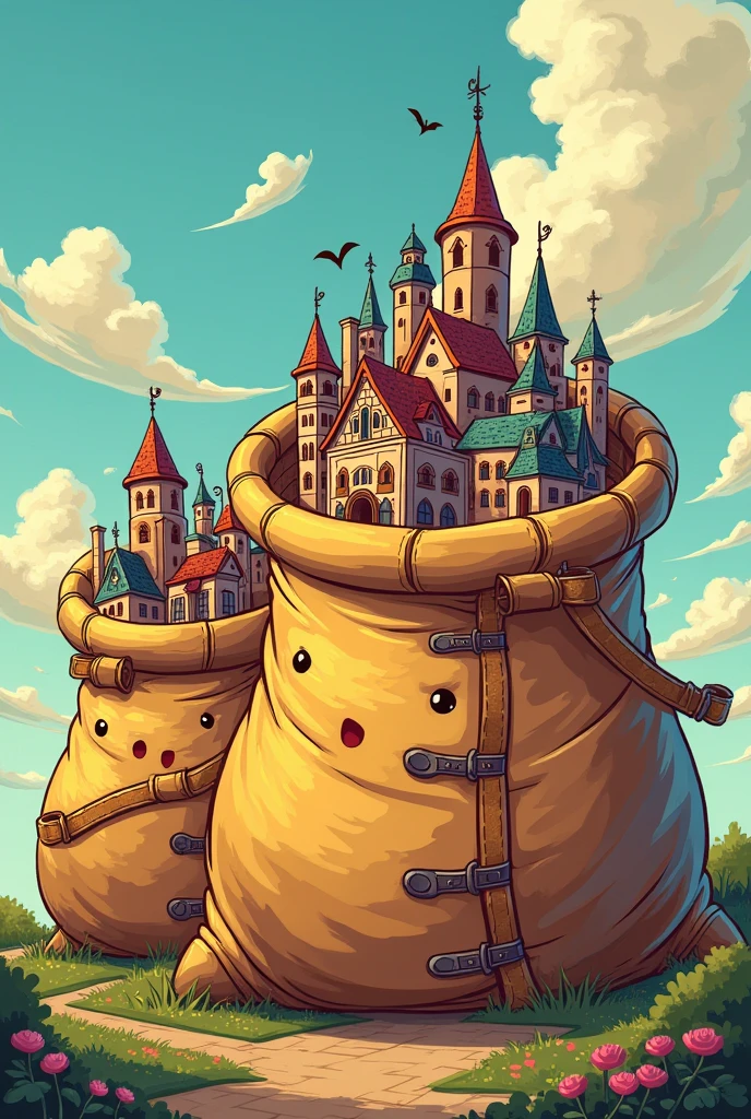 cartoon picture of bags containing cities (buildings)