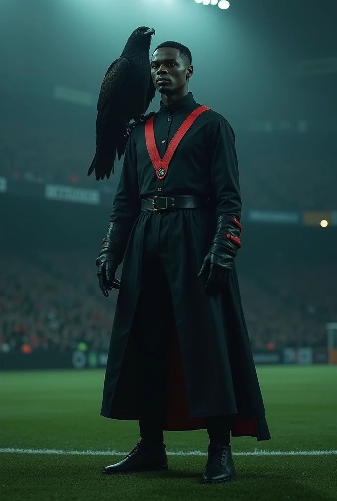 An Afro-European man in a "V for Vendetta" costume stands on a soccer field. Dark green field surface, dark ambient lighting, a large black eagle on his shoulder, dim light,