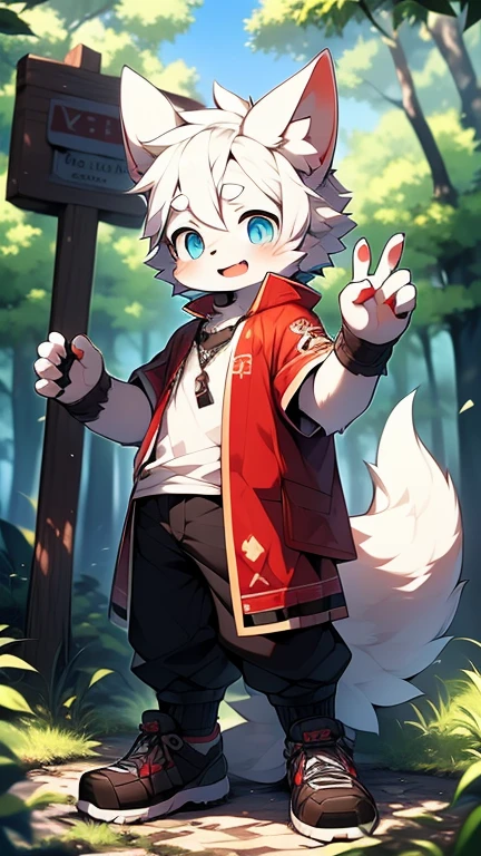 （best quality, Extremely detailed），boy，Furry wolf，Blue Eyes，((Shota)), Black and white hair, Good figure, Handsome，cute, Light：极致Light影, 反Light皮肤,Reddish skin，The ultimate face，Greeting the audience shyly，((Worn clothes，Commoner))，Black and red sneakers ，((Deep in the forest，Stone road，sign，solo，Alone))，Outdoor sunset，((detail))，（Depth of Field），stand up，full-body shot
