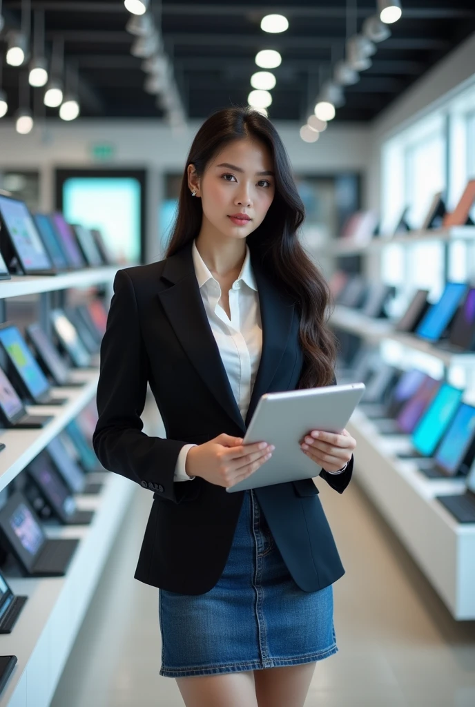 Beautiful Thai girl in a suit, typing the word "ADVICE", Wear a short jean skirt, (((Standing holding a notebook))) In a tablet computer store