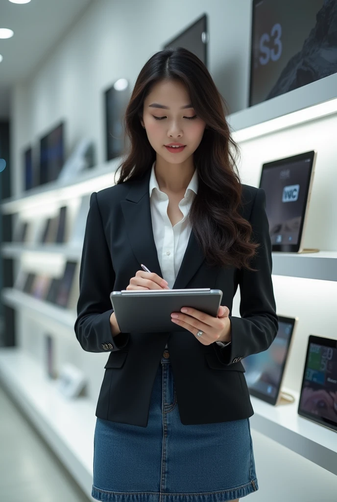 Beautiful Thai girl in a suit, typing the word "ADVICE", Wear a short jean skirt, (((Standing holding a notebook))) In a tablet computer store