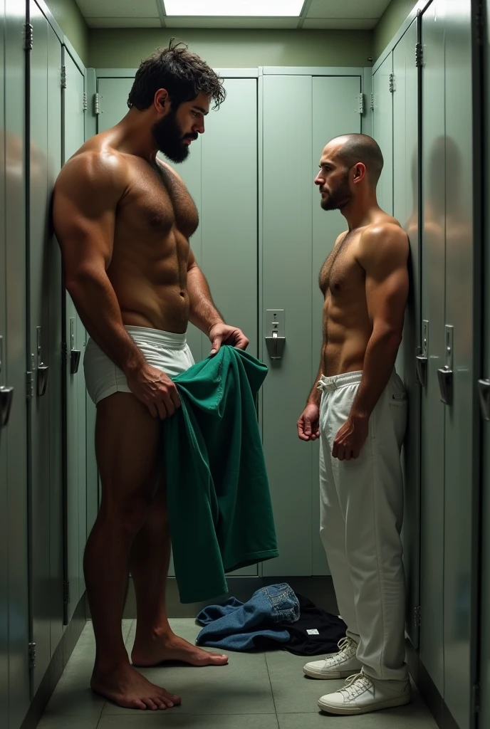 A handsome, muscular, hairy, bearded Bolivian man in white underwear with a pair of green surgical center pants in his hand, open closet, small changing room, with a man in front, fatter, lower, baldie, standing watching him, wearing no shirt, wearing white pants and white shoes. Surrounded by gray cabinets. Black shirt and blue jeans on the floor.