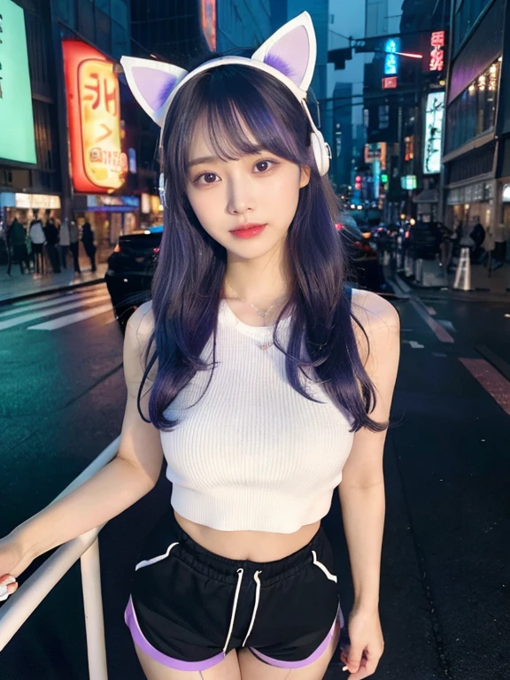 Full body photo、Full body photo、最high quality, masterpiece, 32K、Very detailed、Realistic、1 girl, Japanese women、Cute Face, (photo Actual:1.3),Bob Hair(Blue-violet hair color、Amazing blue and purple hairstyles)、Edge lighting, (Skin with attention to detail:1.2), 8k超High resolution, Single-lens reflex camera, high quality, High resolution, 4K, 8k, Optimal ratio of four fingers to one thumb, (Actual:1.3), cute 1 girl, Realistic、Super Realistic、32K、Very detailed、masterpiece, 最high quality, beautiful girl, beauty、Mecha, Beautiful lighting, (Neon Light:1.2), (night:1.5), K-POPアイドルコスチューム、Sleeveless outfit、White-based houndstooth pattern sleeveless top、Jersey shorts、Large Breasts(big 、There is a valley)、Cat ears microphone headphones(Headphones Gaming Headgear with Microphone、Head Fan)、Are standing、Cyber Neon、Future City、Skyscraper、都会のnight、Shanghai、big cities、night景、綺麗なnight景