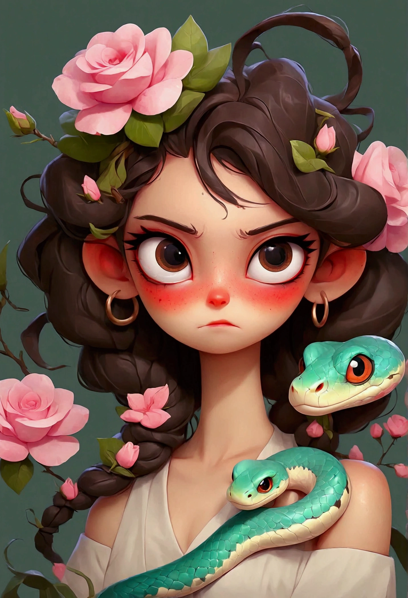 Snake headdress，Anime girl with roses on her head, her many snakes as hair, Snake Face Woman, digital Anime Illustrations, Loish et WLOP, Snake Woman Hybrid, Detailed digital anime art, Anime style illustrations, Popular trends on artstration, guweiz style artwork, the dragon girl portrait, Kawaii realistic portrait, Anime Illustrations