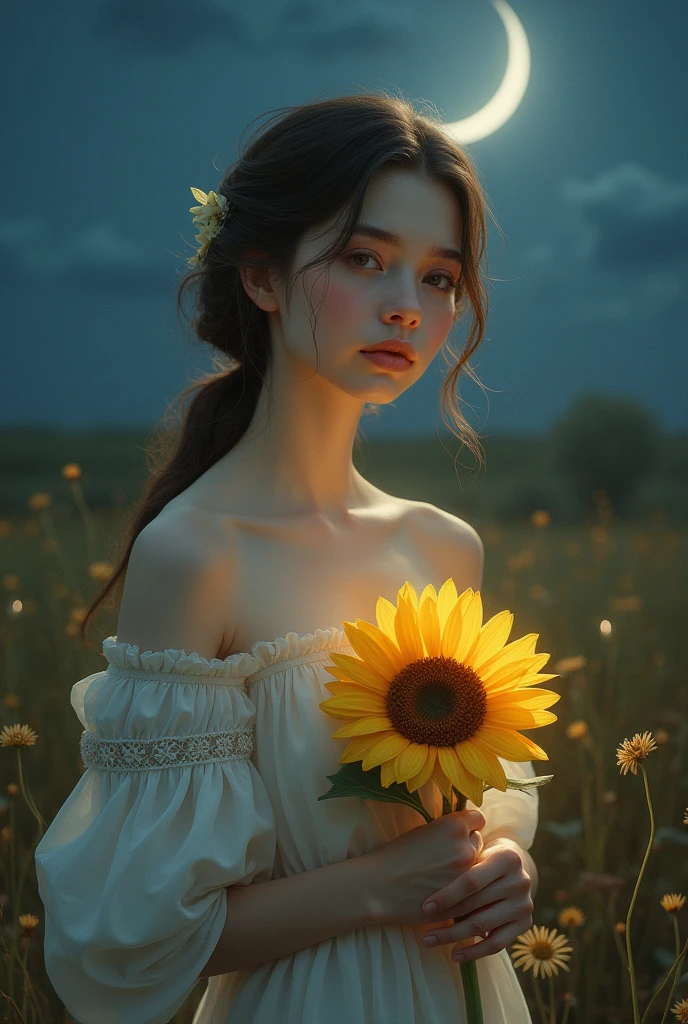 woman with holding sunflower back in the moon night