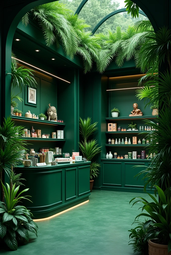 Creat a Nail art Store dark green color, design a lot of tropical tree, without people, human