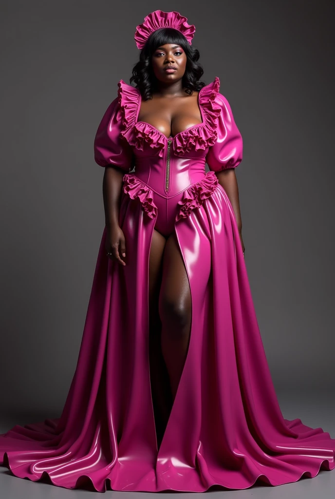 latex magenta maid, ebony, puff sleeve, many ruffles, neckline, show the whole body, voluminous skirt, The whole dress touches the floor, (vagina), (shaved pussy)