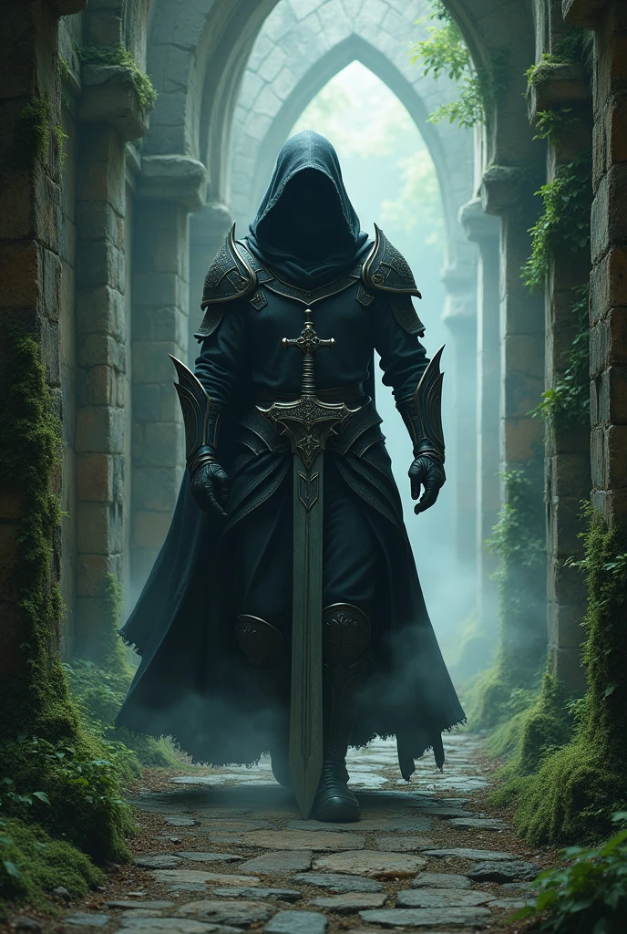 The photo shows a figure in dark armor and hood holding a sword and walking through an ancient stone corridor surrounded by vegetation. The photo has a misty atmosphere that adds to the mystery and mysticism of the setting, intricate details, hyper-realistic, original--v 6.0 --ar 9:16