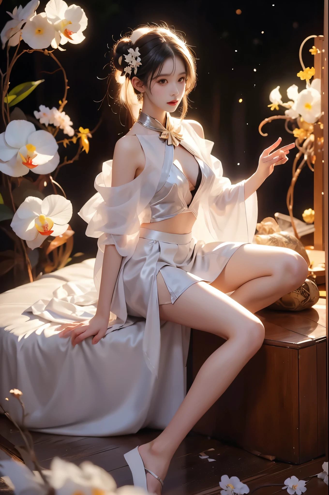 prometheus（quality improvement：1.4），1girl, Visible cleavage，Sexy long legs，The skirt is short，She gently lifted her skirt with one hand,Surrounded by white Phalaenopsis orchids，Lilac dendrobium、White Lily, Flying petals，（Top quality leather), Delicate face,Black Hair, Gradient hair, Body,（Body1.1）, He has a precious gem on his forehead.., Frameless glasses, Shining Student，Long eyelashes,Smile, Surrealism, Movie Lighting, Projection Insertion, Surrealism, Ultra HD, masterpiece，lie，Keep dreaming，Open your legs slightly.，Tattoo，Fantasy Space，Luxurious space，Exquisite makeup，Blush，Shy expression