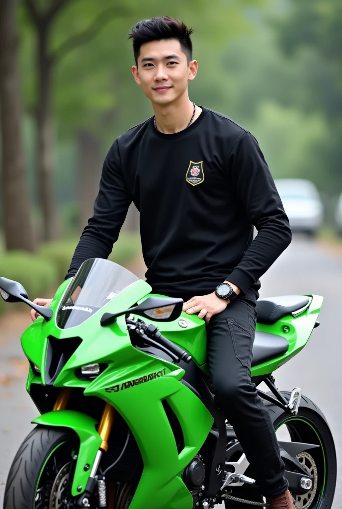 A handsome Korean man with smooth white skin, well-groomed face.jaket kulit cropped hitam ,kaos Putih logo harley, black cropped pants with lots of pockets,sitting on a Kawasaki Ninja ZX-25R motorbike in highlighter green,riding a Kawasaki Ninja ZX-25R cool black watch, shoe. shoe boots harley davidson,Background, bokeh, foto asli full body, Realistic.