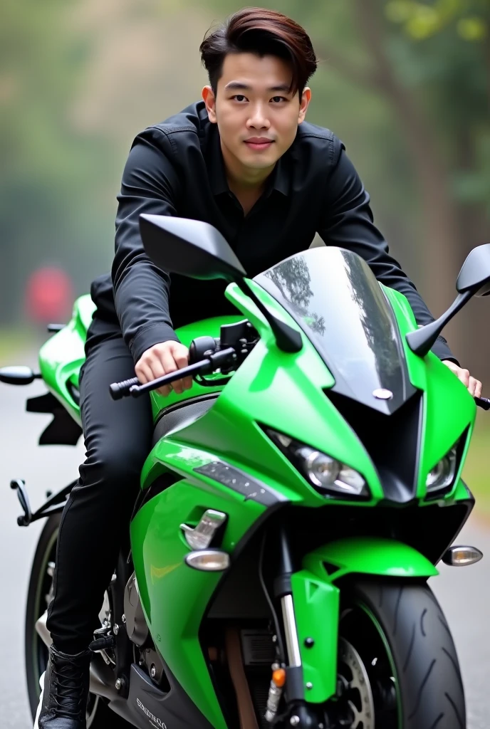 A handsome Korean man with smooth white skin, well-groomed face.jaket kulit cropped hitam ,kaos Putih  logo harley, black cropped pants with lots of pockets,sitting on a Kawasaki Ninja ZX-25R motorbike in highlighter green,riding a Kawasaki Ninja ZX-25R cool black watch, shoe.  shoe boots harley davidson,Background, bokeh, foto asli  full body, Realistic. 