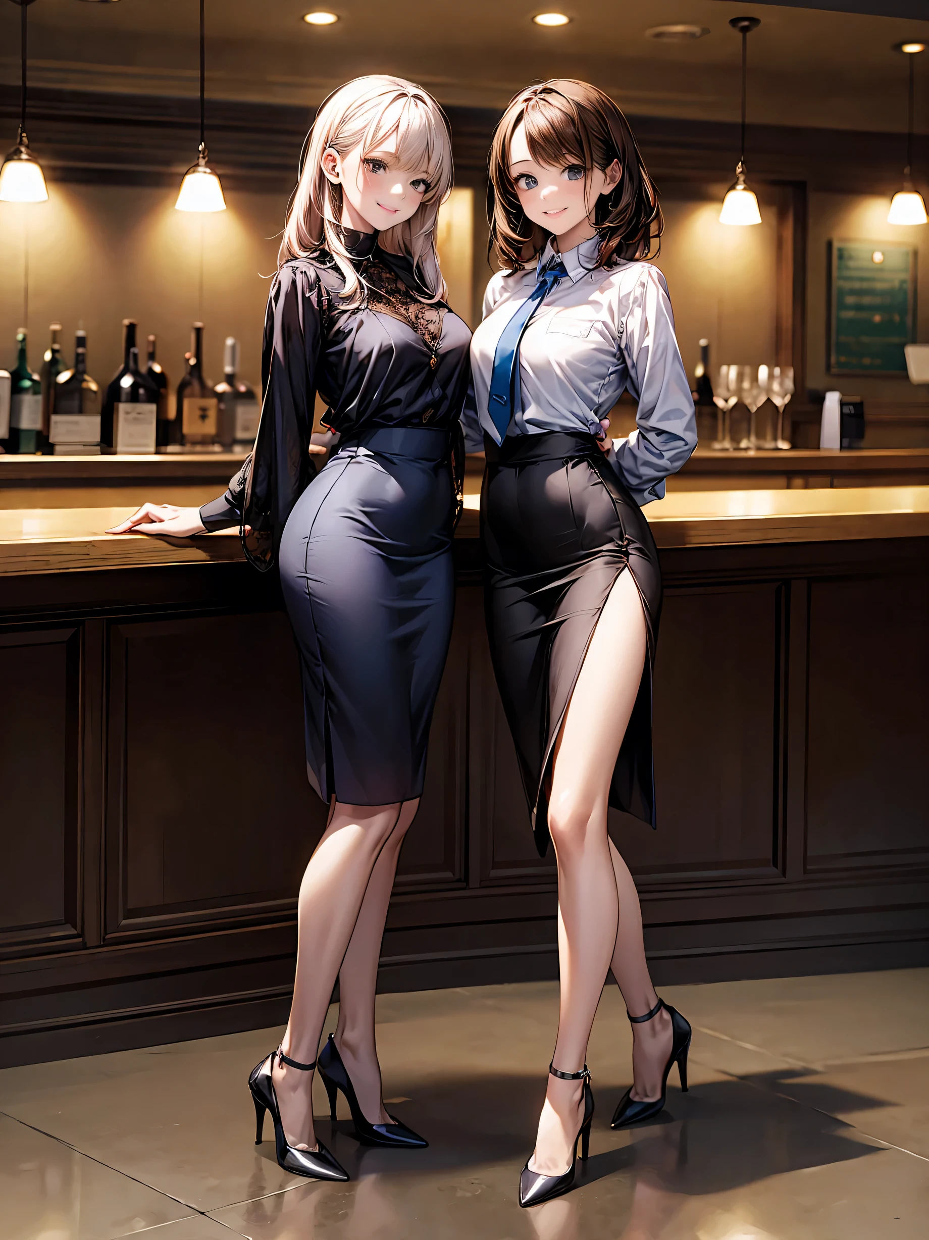 (masterpiece:1.3),(best quality, highest quality),((Full Body Shot,Including face)),girls,4K,masterpiece,((Focus on the face)),((Symmetrical facial features)),Beautiful woman,(slender),((High heels)),Detailed depiction of the face, Cafe ,bar,tie,See-through shirt,Casual wear,skirt,Age 25,(smile),kawaii, (illustration:1.3),Focus on the face