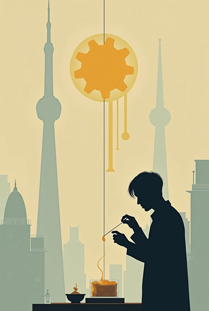"Design a minimalist poster inspired by Olly Moss for the second game of the Netflix series 'Squid Game.' The poster should capture the tension and stakes of the 'Honeycomb' game, where players carefully carve shapes from honeycomb candy. In the top third of the poster, place the silhouette of the protagonist, Seong Gi-hun, holding a needle, intensely focused on his task. The background should have a simple, muted color palette, with subtle, symbolic references to the game's elements (such as shapes and cracks in the honeycomb). Use negative space creatively, and incorporate geometric shapes to enhance the visual tension, staying true to Olly Moss's signature style of minimalism and clever visual metaphors."