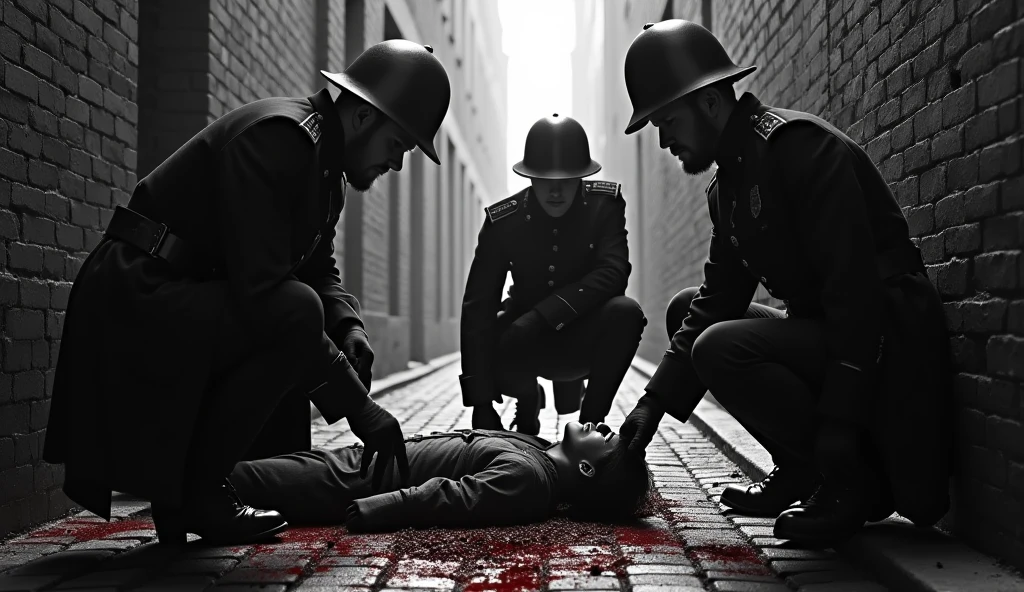 An old black-and-white crime scene photo from the 1880s showing three British police officers investigating a body found in a London alley. The wall is smeared with blood, with one officer securing the scene while the others examine the body.