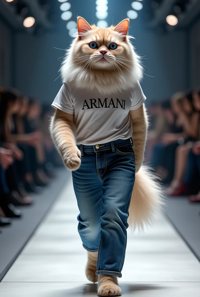 Himalayan cat wearing Armani t-shirt and jeans set in a fashion show. Full body photo as real as in real life.