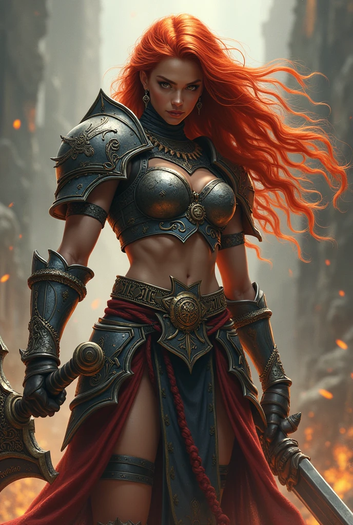 A goddess of war, blazing red hair, big claymore weapon, inner clothing, more armor, warrior skirt, less revealing skin, intimidating pose