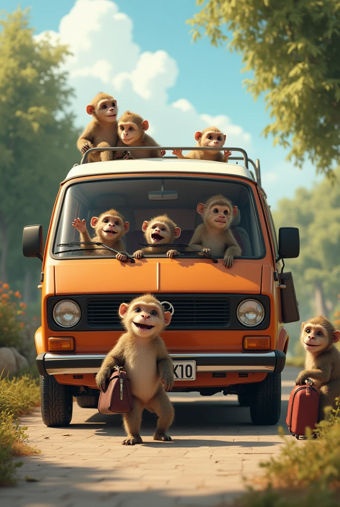 4-5 monkeys are getting on a van to go sightseeing, some are carrying bags, some are getting on the van, some are sitting in the van, realistic images.