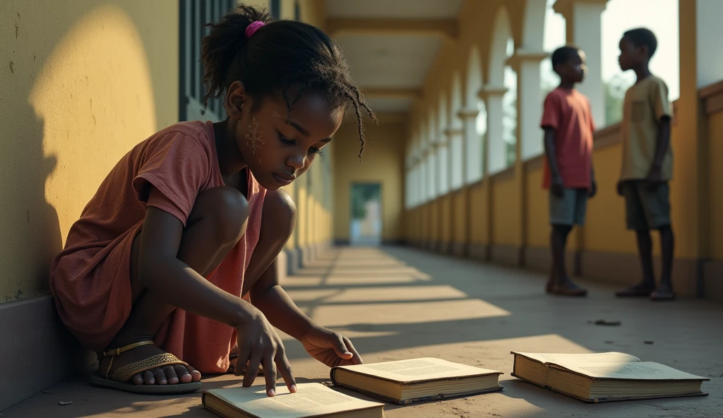 African girl with stitches on her face and neck pickingup books from the ground at university corridoor and 2 boy standing near her