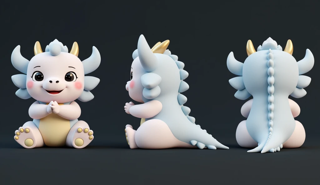 3D rendering, C4D, cartoon style version of a cute Chinese  dragon, blue body, pink face, golden horns on his head, smiling happily and praying with his hands folded, full body front view and side view, back view. Light indigo and gold style, anime aesthetics, furry art, solid color background, super high detail.