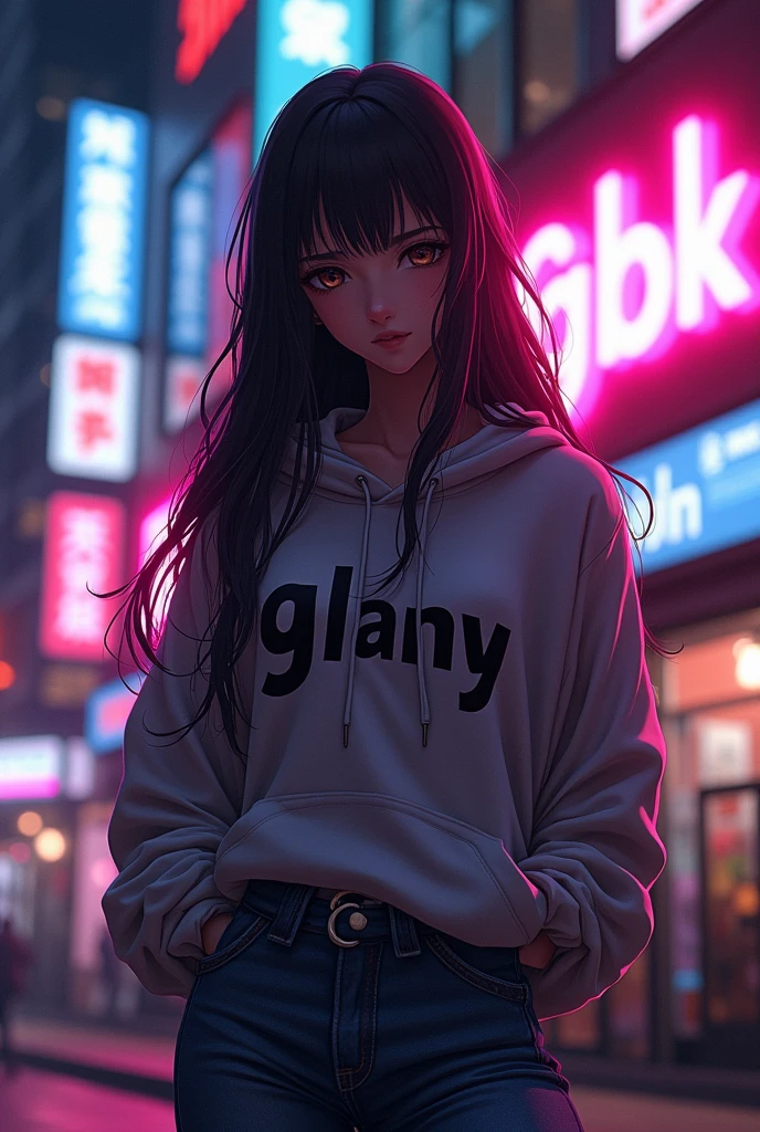 Create a character anime, {{background: large text “GLBK”, night city}}, tanned skin,
realistic, HDR, handsome, japan style, full body, use light love, age 20, hoodie HD text: “FANY”, female, long hair