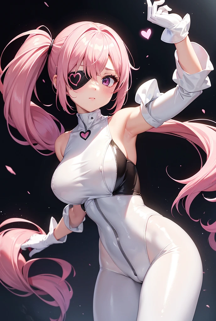 A beautiful girl wearing a shiny white sleeveless rubber suit that fits snugly up to the neck(20th Generation)She has a heart-shaped eyepatch, long hair in a side ponytail, and her hair is a soft pink. She also wears long rubber gloves that are black in color.
