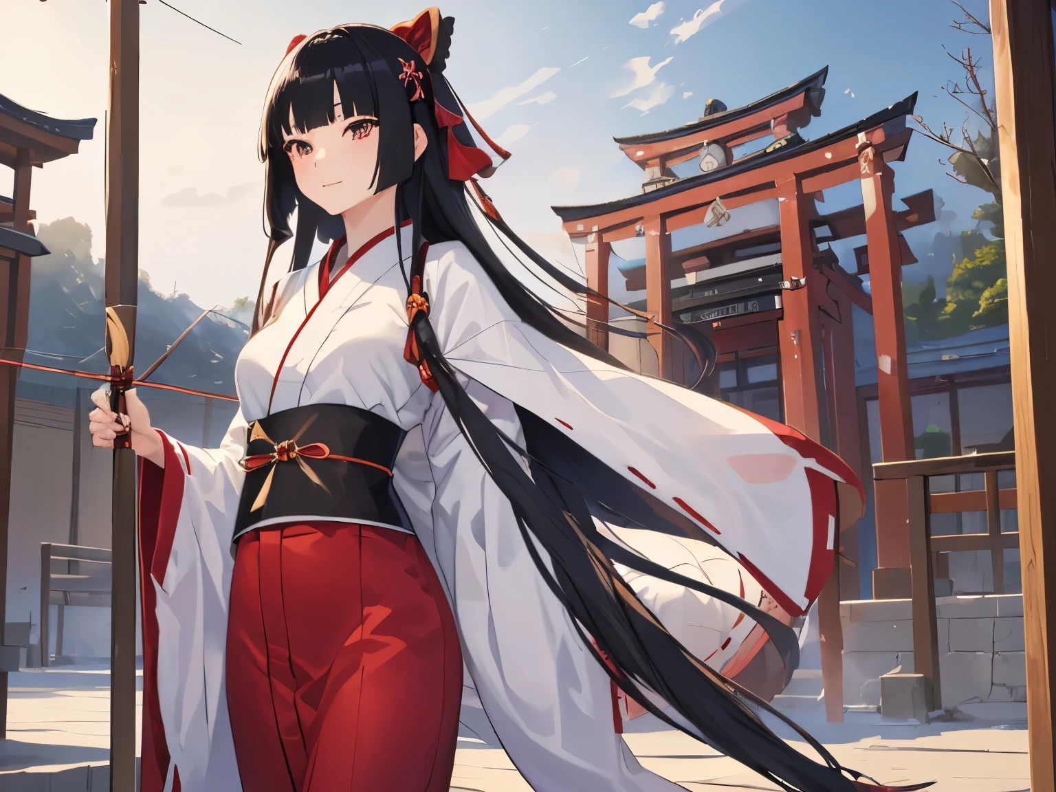(masterpiece), Highest quality, (ultra-detailed), (Anime Style), 1girl, ((black long hair)), (Hime cut), (hair ribbon), black eyes, medium breast, age19, breast plate, (japanese shrine miko), white kimono, (red hakama), smile, (Holding a Japanese bow:1.2), ((bow and arrow)),
