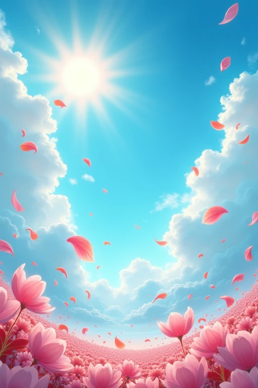 Blue sky and shining sun、A beautiful image with clouds, petals and leaves dancing in the wind.