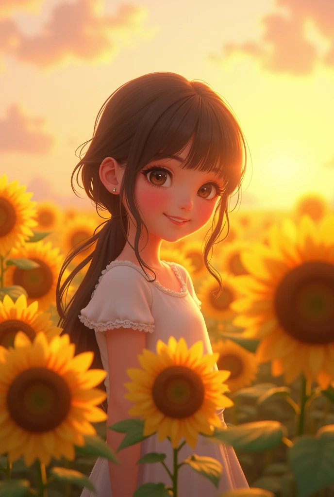 Create an enchanting scene featuring a cute girl surrounded by a field of vibrant sunflowers. The atmosphere should have a soft, pinkish hue, giving the scene a dreamy and whimsical quality. Sunlight should filter through, casting beautiful God rays on her face, highlighting her features with a warm, radiant glow. Ensure she has the cutest smile, radiating joy and innocence. Add a gentle, ethereal glow around her to enhance the magical feel of the image. The over