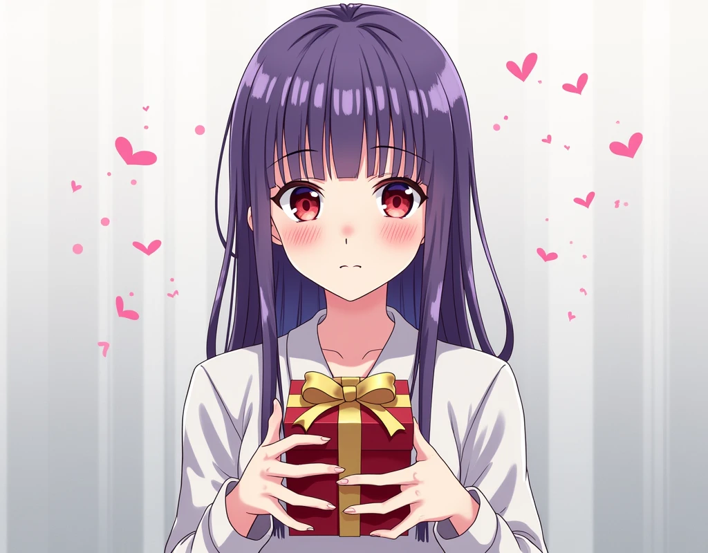 dal, 2d, anime, flat color, (intricate detail:1.2), 1girl, asagami_fujino, bangs, blunt_bangs, gift, highres, kara_no_kyoukai, photoshop_(medium), purple_hair, red_eyes, solo, vector_trace,, silver theme,