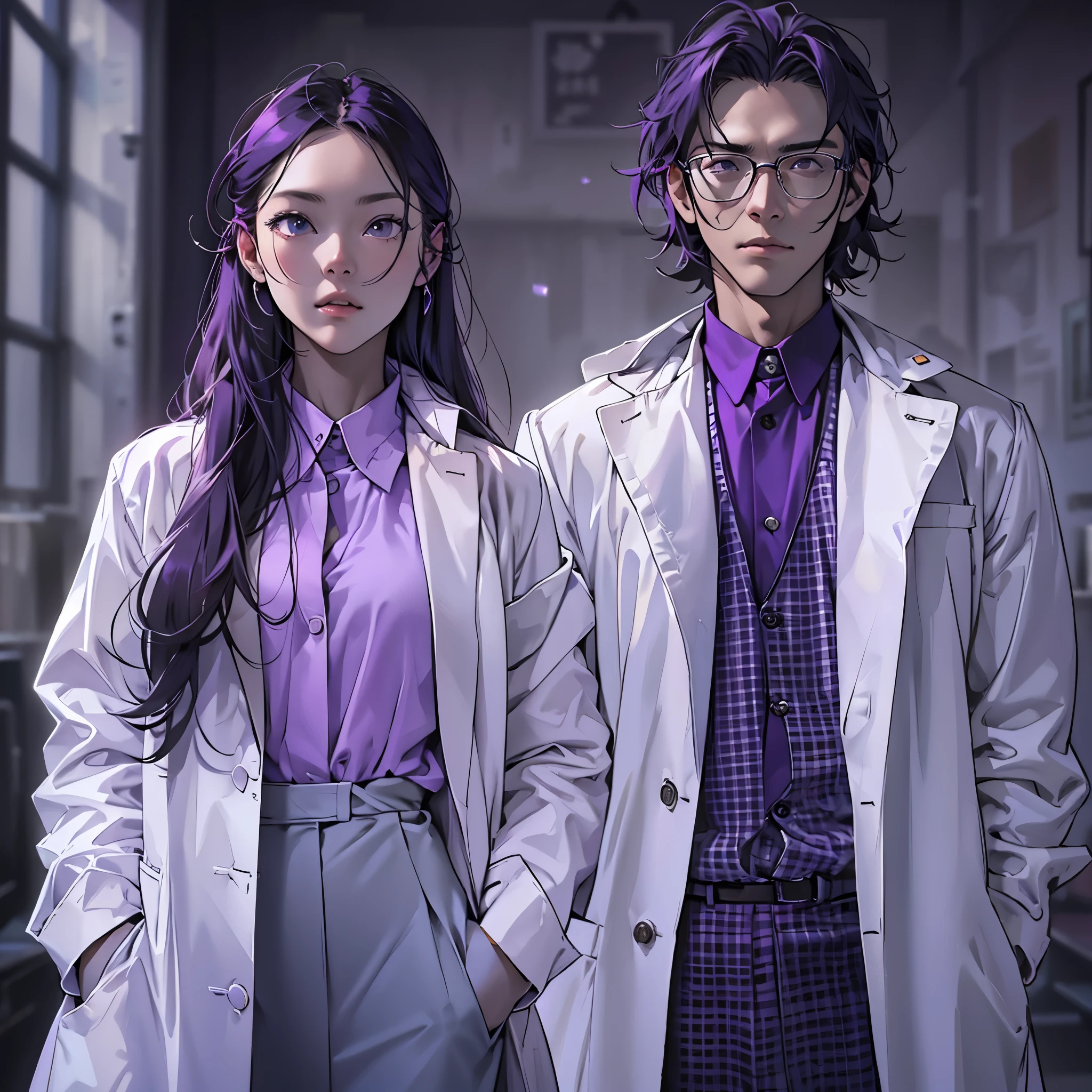 Imagine a MBTI logician、A man and woman wearing white coats and purple shirts posing like fashion models and looking coolly at the camera with straight faces。Create a mysterious atmosphere。