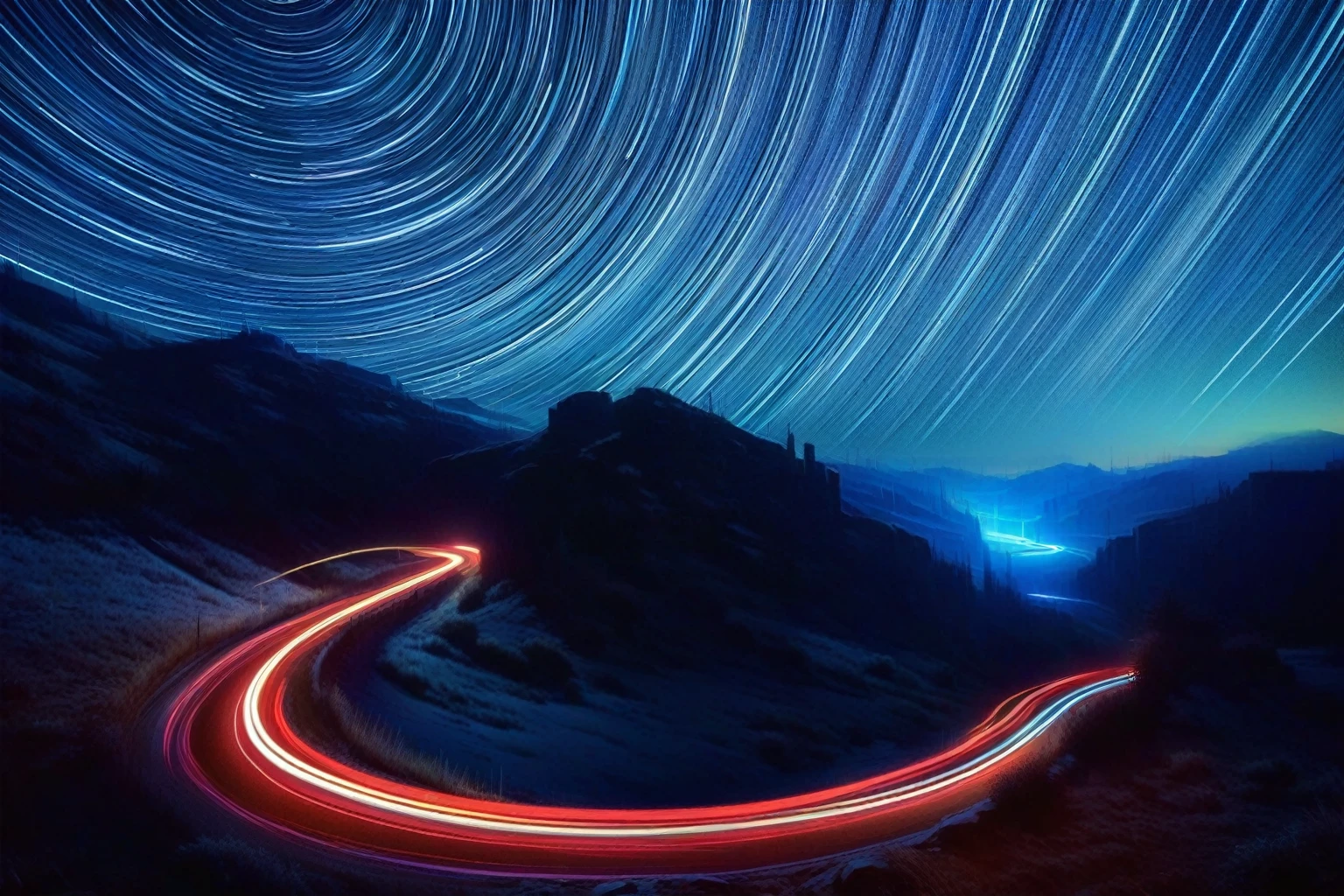 A view of a winding road，There are star tracks in the sky, Long-term contact shot, tracingStar Trails, Light Trailss, Long-term contact photography, Light stripes, Long-term contact, Long-term contact photo, Light Trails, Long-term contact photograph, Star Trails above, Long-term contact time, Light stripes in the sky, Star Trails, nightime Long-term contact, Night Sky Photography