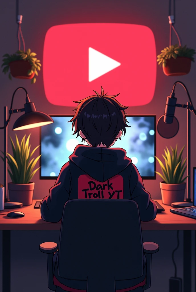 Create a image of A 15 years anime bay setting in front of a computer desk with a microphone and laptop wearing black and red hoodie with tha channel name DARK TROLL YT . Tha background includes a large YouTube logo on tha wall potted plants on either side and various recording equipment