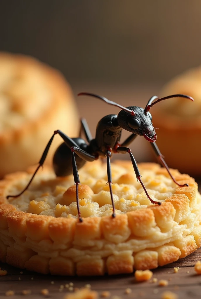 Ant standing on piece of biscuit