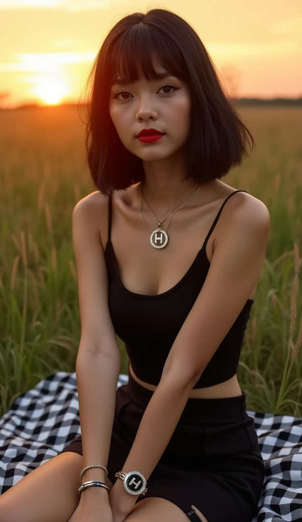 A beautiful Indonesian woman smiles with a sharp gaze, red lips, classic bob bangs hair, tight tank top short skirt wearing H letter necklace bracelet and watch, sitting in the middle of the grass on a black and white checked cloth, sunset is very beautiful sky,
Very bright lighting., fashion