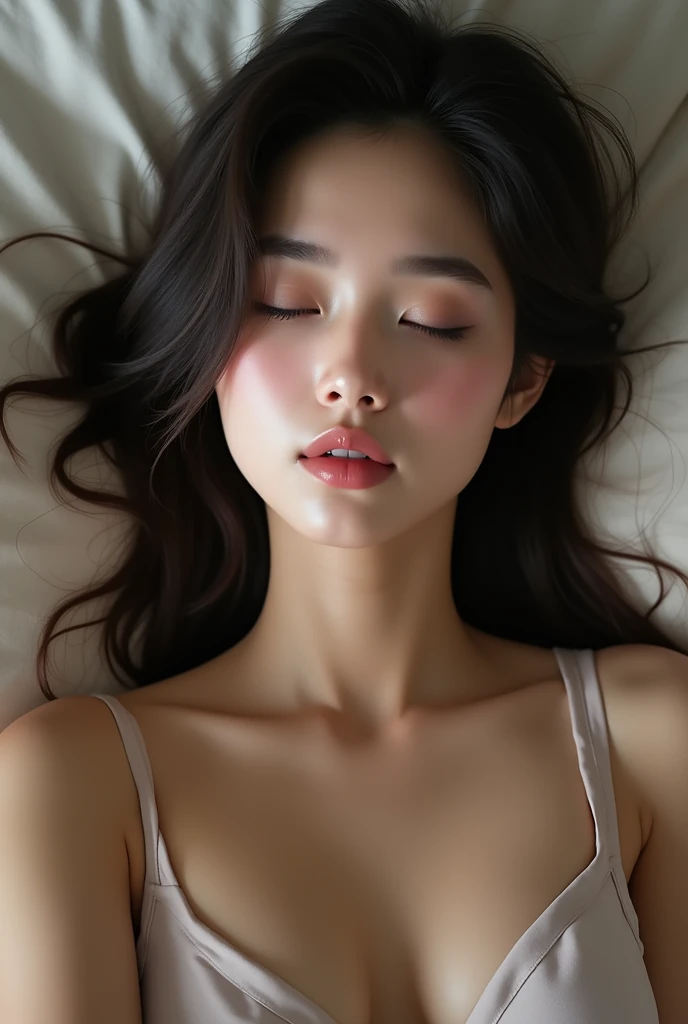 A beautiful fair girl lying on bed closed lips  in bra with a good collarbone selfie .. straight hair black coloured with no teeth visible in the pic of the girl