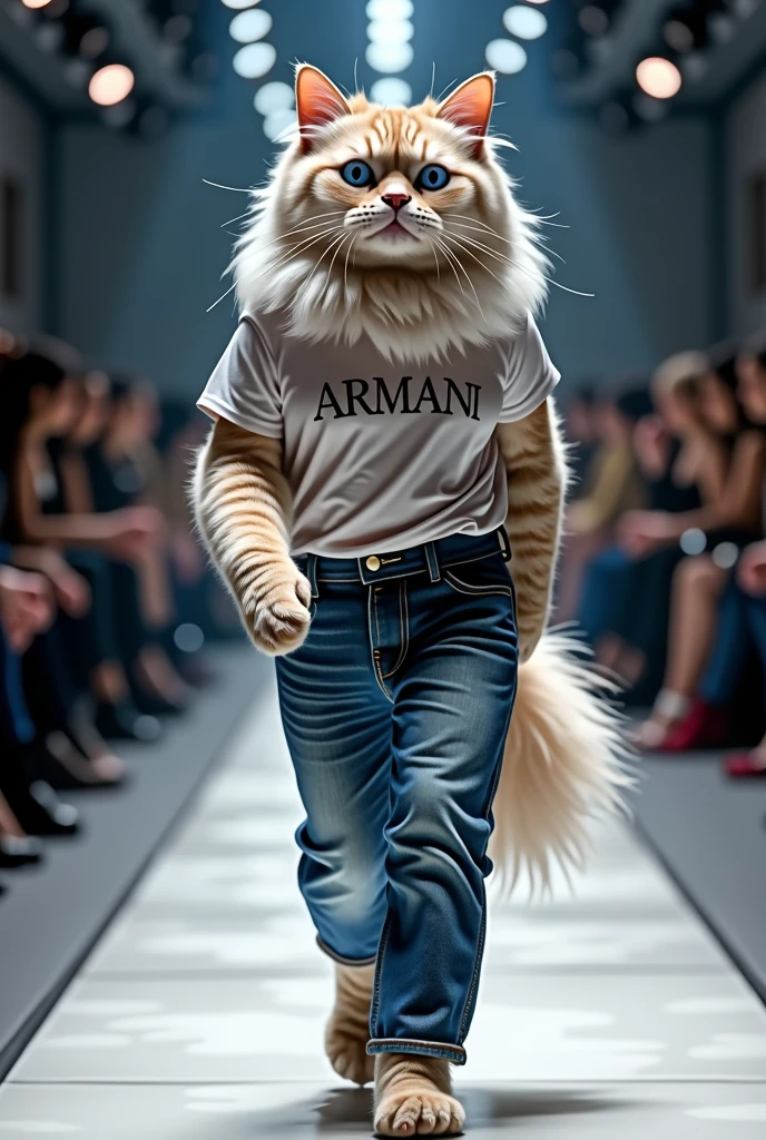 Himalayan cat wearing Armani t-shirt and jeans set in a fashion show. Full body photo as real as in real life.
