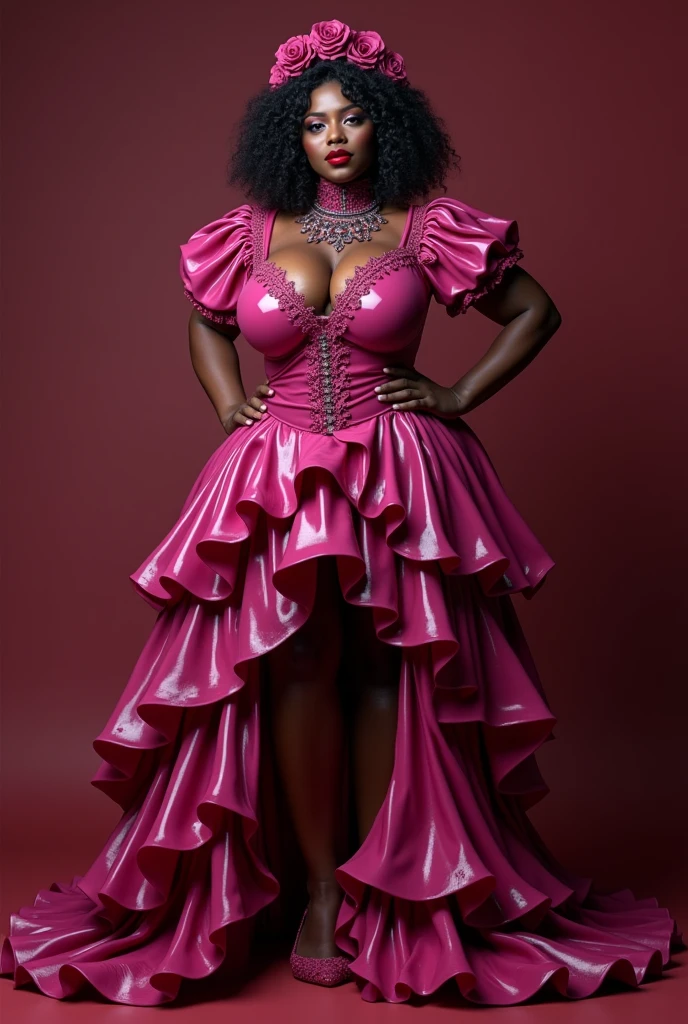 latex magenta maid, ebony, puff sleeve, many ruffles, neckline,very red lips, show the whole body, voluminous skirt, The whole dress touches the floor, (vagina), (shaved pussy)