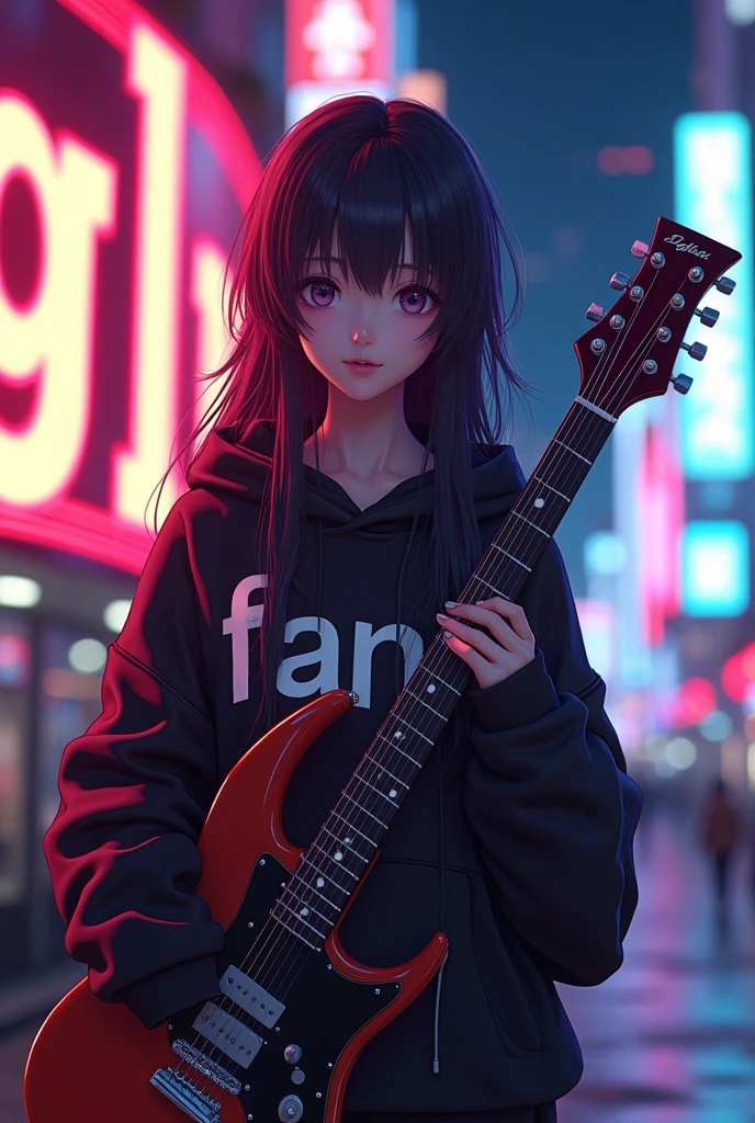 Create a character anime, {{background: large text “GLBK”, night city}}, tanned skin,
realistic, HDR, handsome, japan style, full body, use guitar, age 20, hoodie HD text: “FANY”, female, long hair