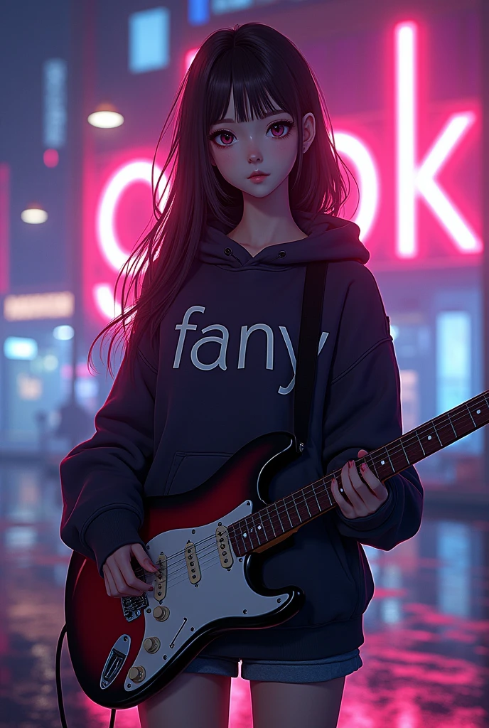 Create a character anime, {{background: large text “GLBK”, night city}}, tanned skin,
realistic, HDR, handsome, japan style, full body, use guitar, age 20, hoodie HD text: “FANY”, female, long hair