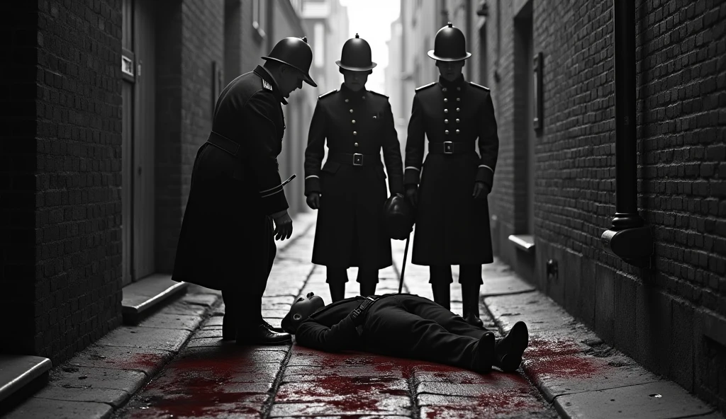 An old black-and-white crime scene photo from the 1880s showing three British police officers investigating a body found in a London alley. The wall is smeared with blood, with one officer securing the scene while the others examine the body.
