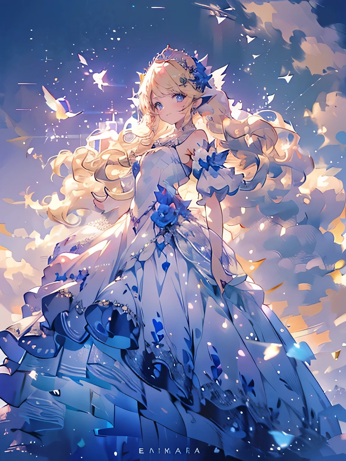 (best quality, masterpiece, Very detailed, Very detailed, Beautifully, 16K,Full HD),A little closer,Golden Ratio,Dramatic Lighting,Pastel colors,Looks happy,Flying in the sky,Soft lighting, ((Solitary:1.5)),Blue sky,rainbow,White Cloud,Fluffy clouds,Above the clouds,((head shot)),The magic of rainbow,(Fairy tale princess, Purple Eyes, Long eyelashes,White skin,Slim,Light pink plump lips,Pale pink cheeks, The wind is blowing,bionde,Slender,(High and pointed nose,Small nose),(Giant fairy wings:1.2,Flap your wings),Diamond Tiara,Diamond Earrings,Diamond Earrings,Diamond necklace,(WHITE BALLGOWN:1.1), Pure white lace and ruffles,(Smile:1.2), (fantasy, Romantic atmosphere), Magic lights,