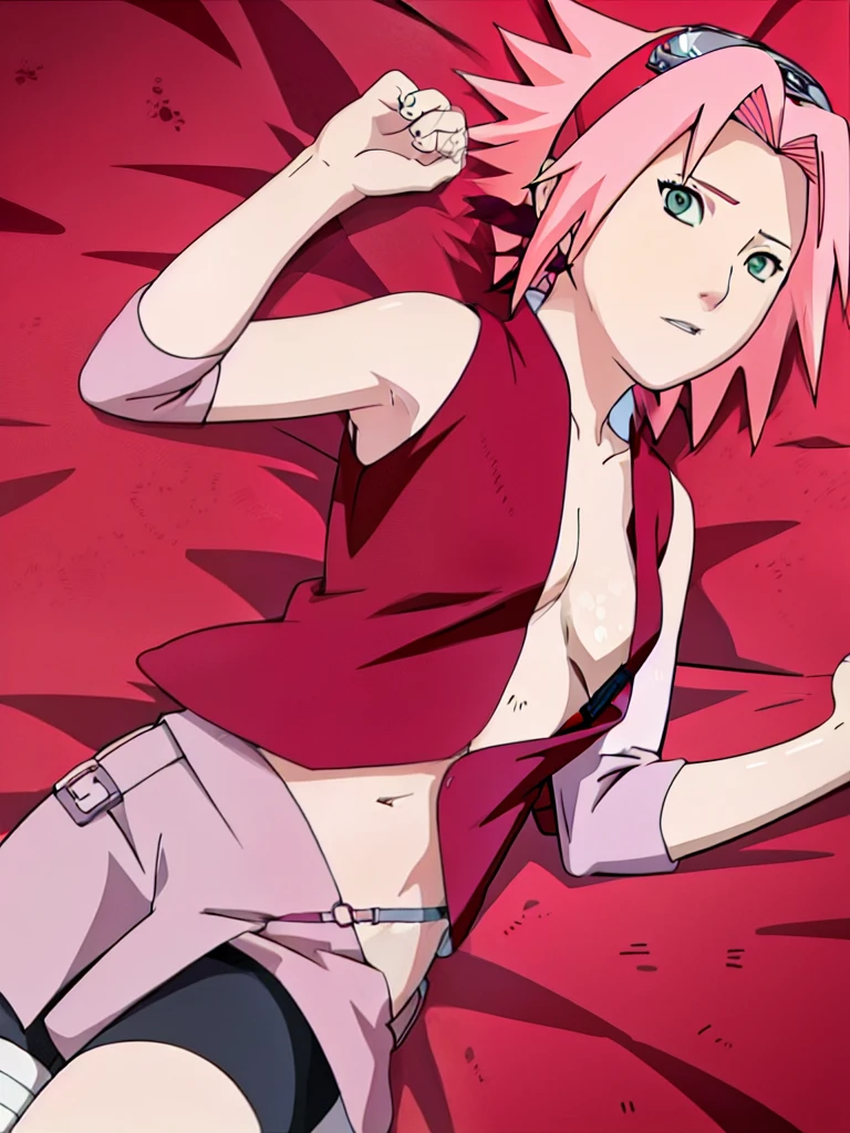 Sakura Haruno lying on bed with open shirt showing bra