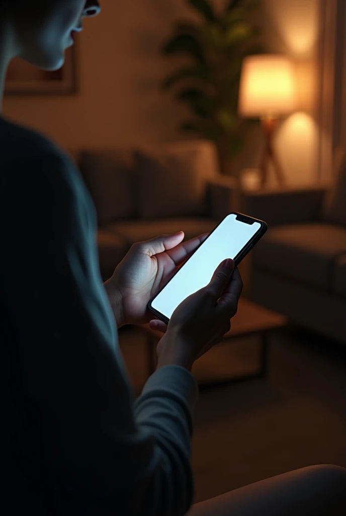 (photorealism:1.2), over the shoulder view on a smart phone in woman's hand, a dim light room, indoor
